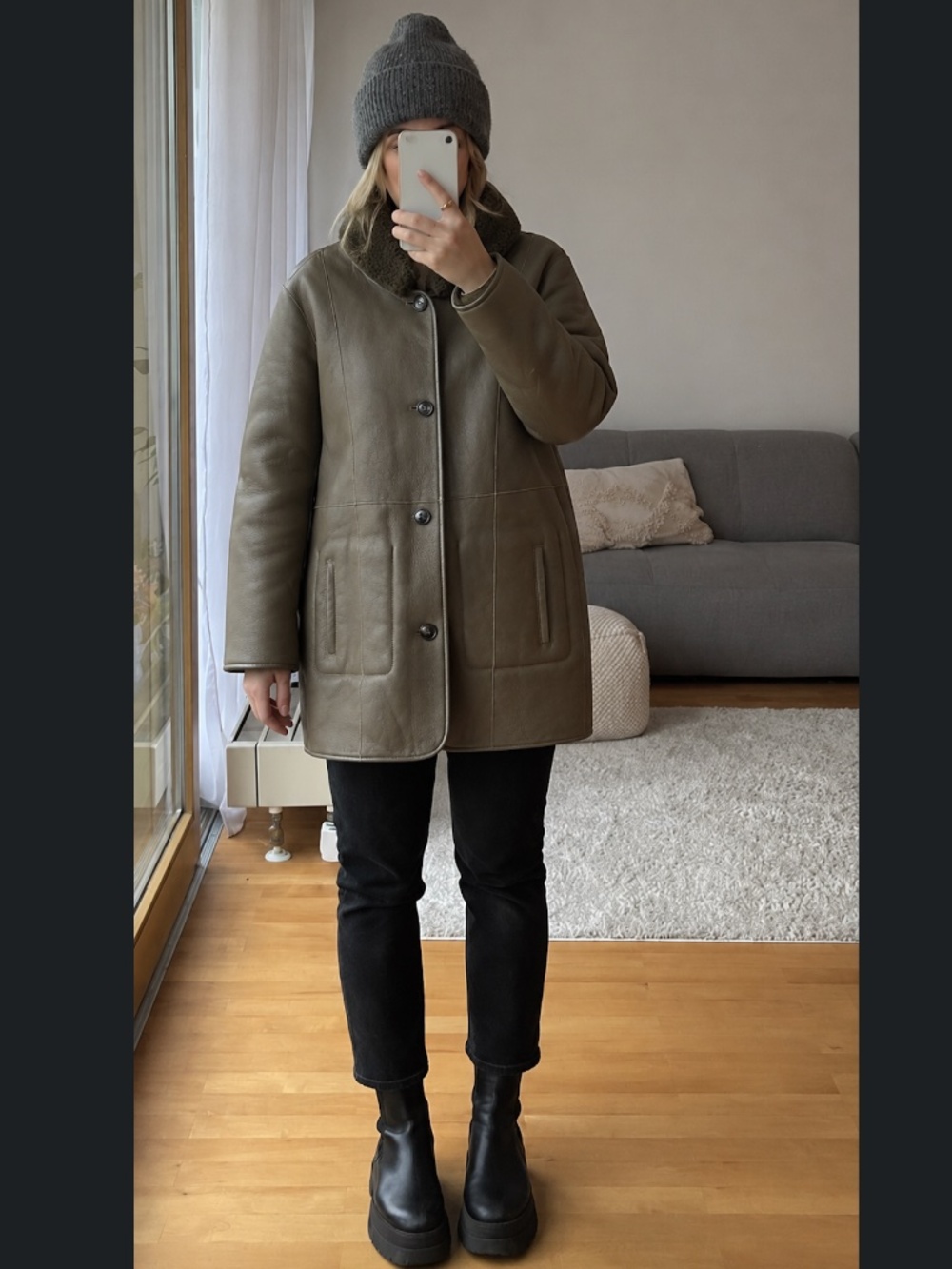 CLOSED McKenzie Reversible Leather Shearling Coat Olive Size S